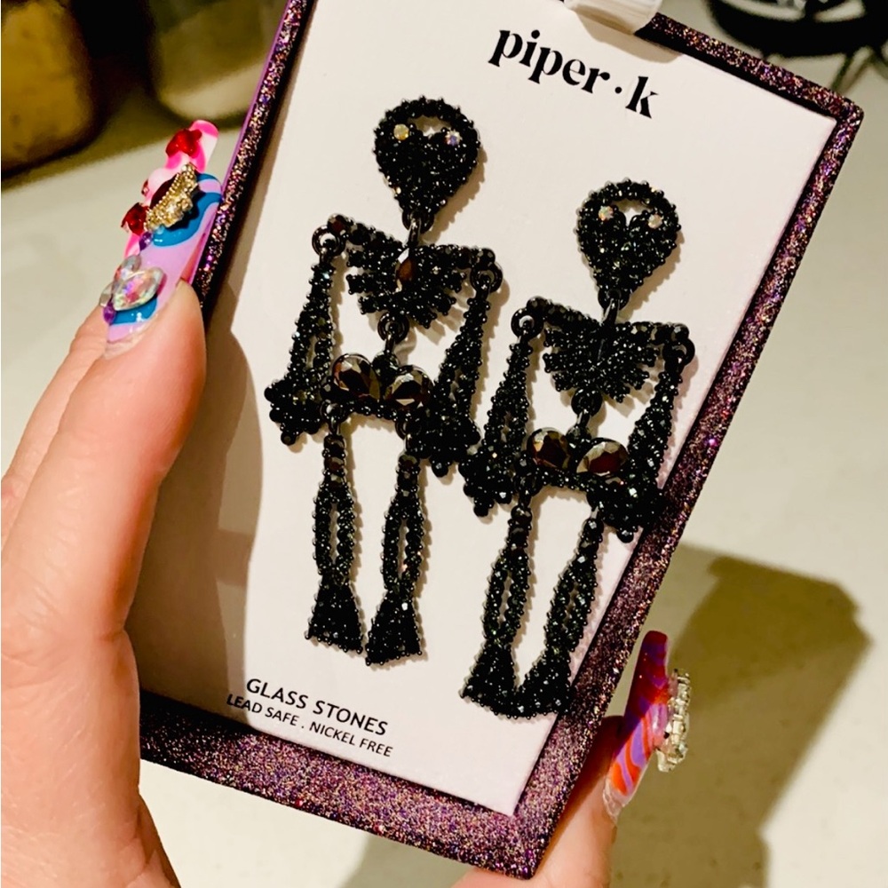 Designer Skeleton Black Rhinestone Earrings NIB